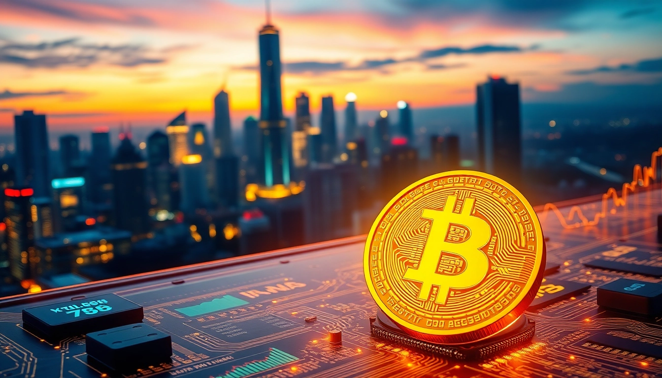 Discover how Bitcoin shines on a digital circuit board, symbolizing cryptocurrency innovation.